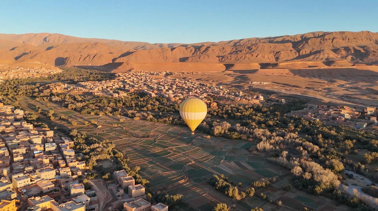 Tinghir golden valley balloon flight with mountains and fields